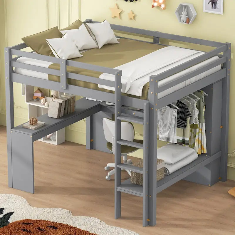 Lit mezzanine blanc en bois de pin avec bureau en L et étagères de rangement