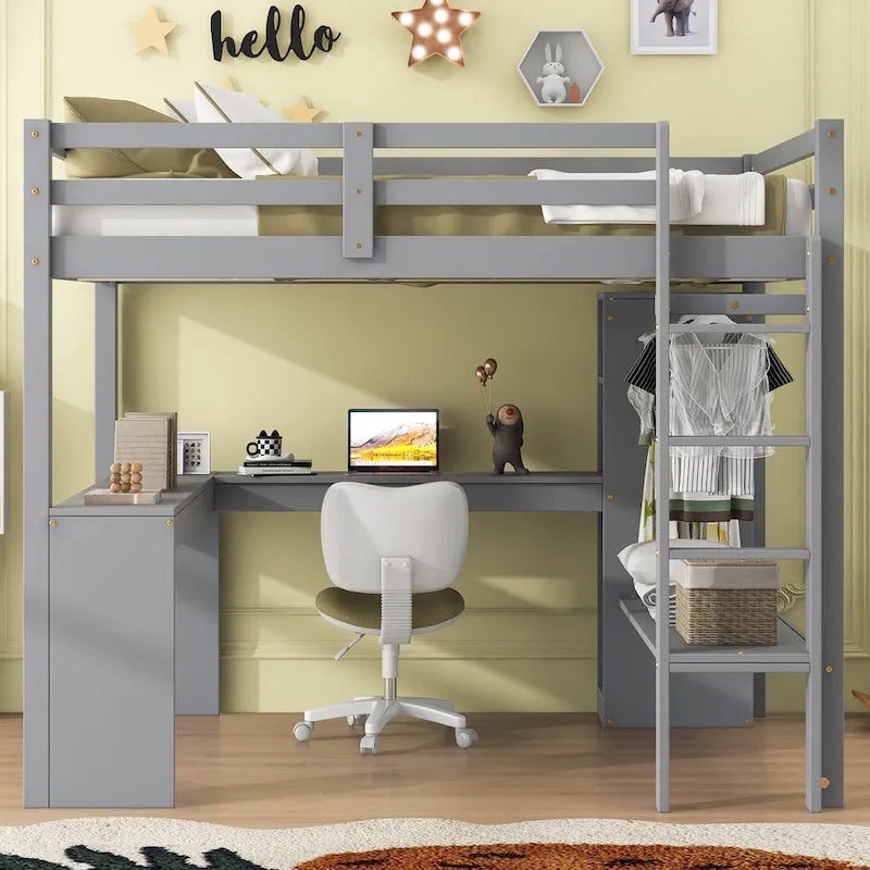 Lit mezzanine blanc en bois de pin avec bureau en L et étagères de rangement
