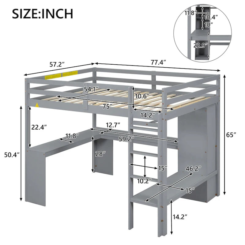 Lit mezzanine blanc en bois de pin avec bureau en L et étagères de rangement