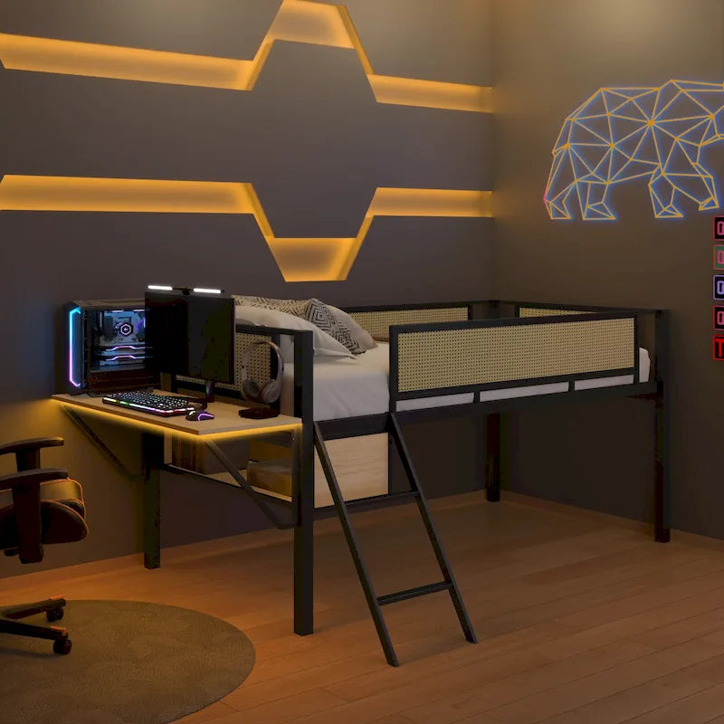 Black Metal Loft Bed with Desk, LED Lights, Rattan Guardrail