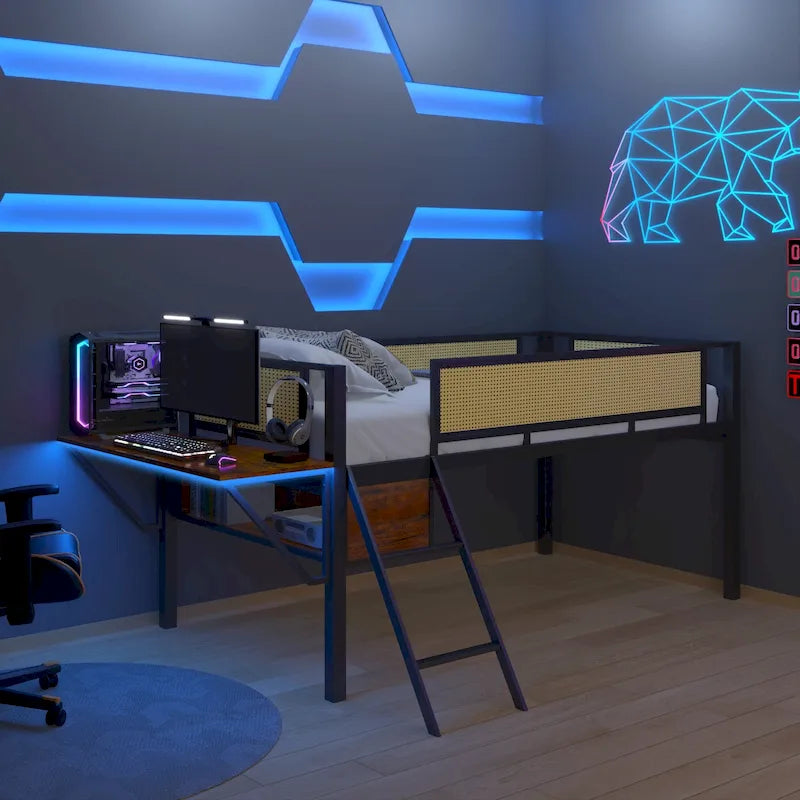Black Metal Loft Bed with Desk, LED Lights, Rattan Guardrail