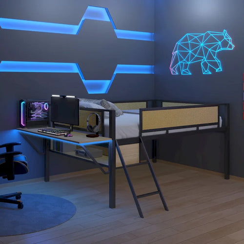 Black Metal Loft Bed with Desk, LED Lights, Rattan Guardrail