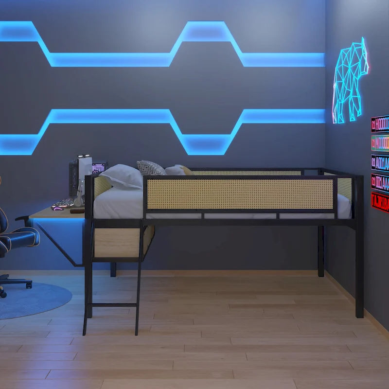 Black Metal Loft Bed with Desk, LED Lights, Rattan Guardrail