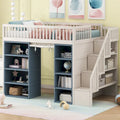 Full Size White Pine Wood Loft Bed with Storage Cabinets Staircase