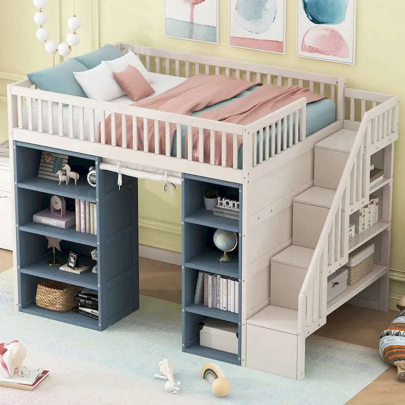 Full Size Solid Wood Loft Bed with 2 Storage Cabinets and Curtain