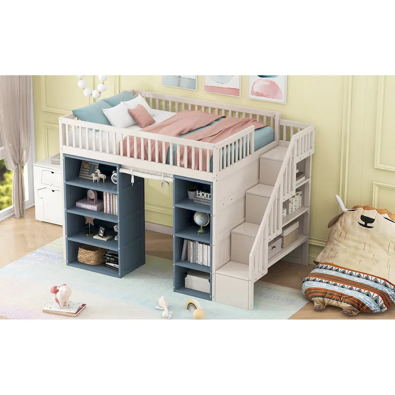 Full Size White Pine Wood Loft Bed with Storage Cabinets Staircase