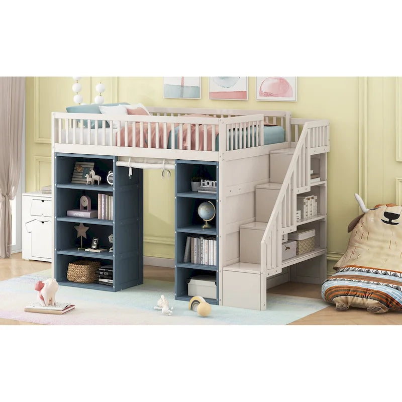 Full Size White Pine Wood Loft Bed with Storage Cabinets Staircase
