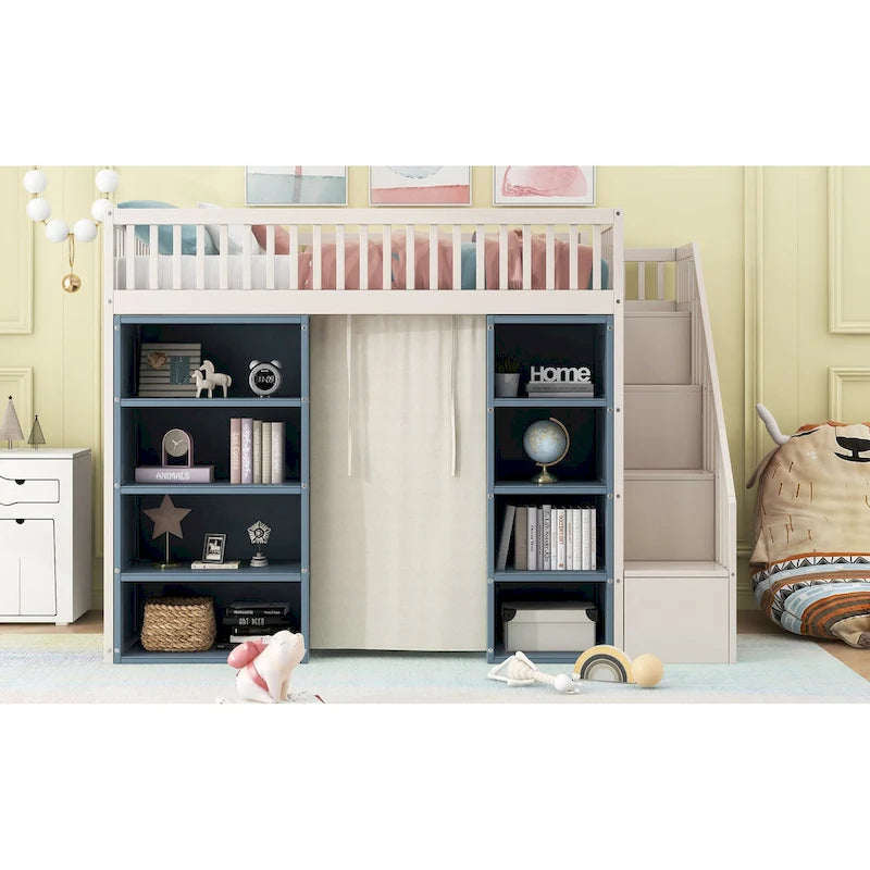 Full Size White Pine Wood Loft Bed with Storage Cabinets Staircase