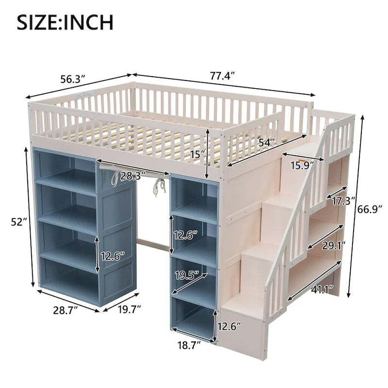 Full Size White Pine Wood Loft Bed with Storage Cabinets Staircase