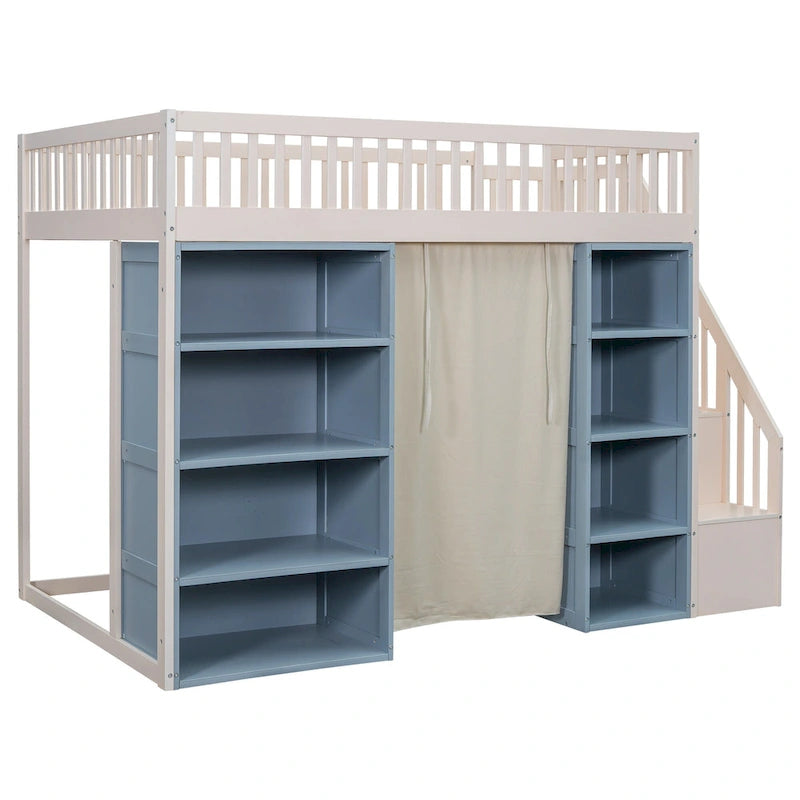 Full Size White Pine Wood Loft Bed with Storage Cabinets Staircase