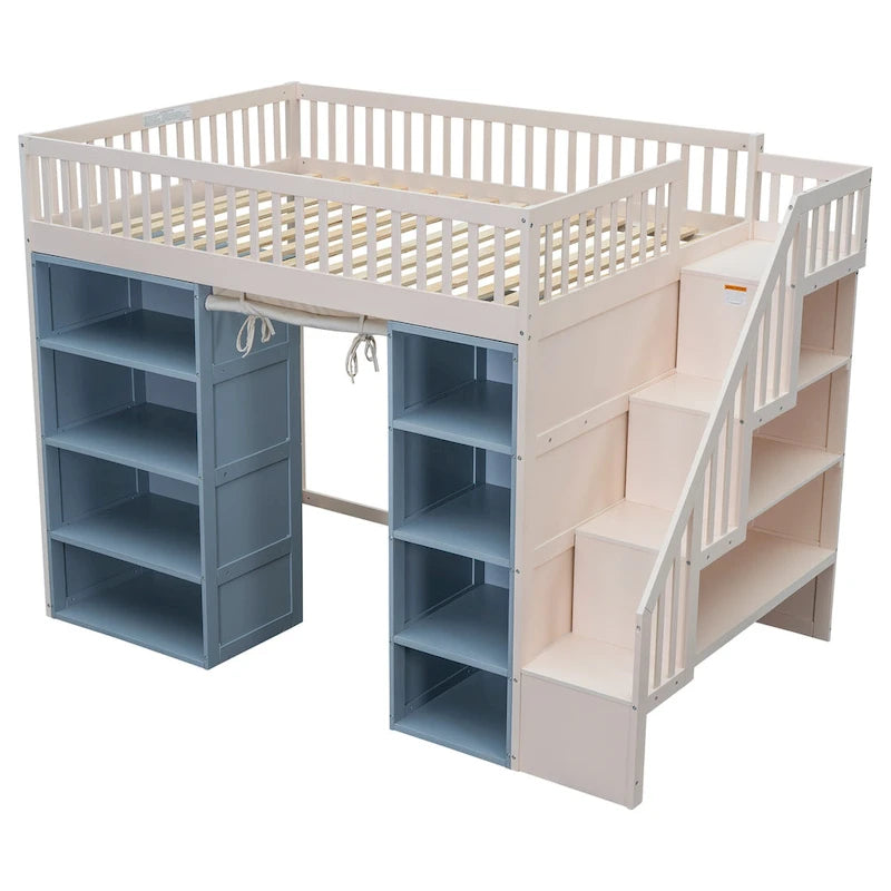 Full Size White Pine Wood Loft Bed with Storage Cabinets Staircase