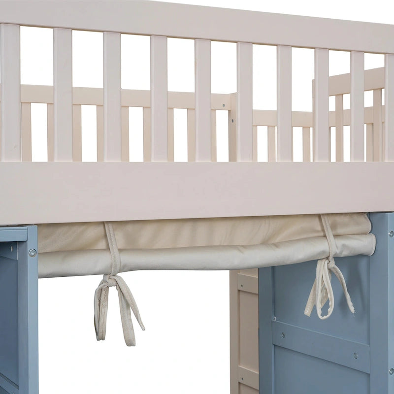 Full Size White Pine Wood Loft Bed with Storage Cabinets Staircase