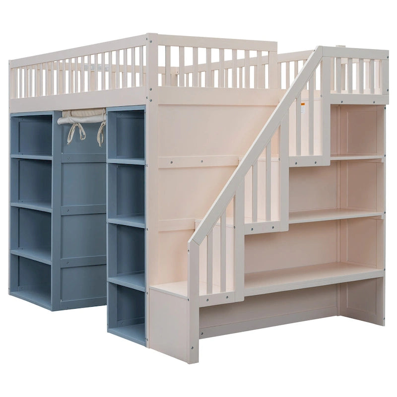 Full Size White Pine Wood Loft Bed with Storage Cabinets Staircase