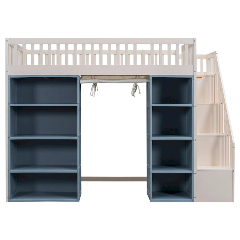 Full Size White Pine Wood Loft Bed with Storage Cabinets Staircase