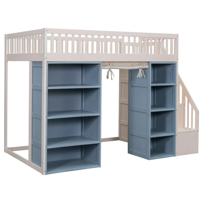Full Size White Pine Wood Loft Bed with Storage Cabinets Staircase