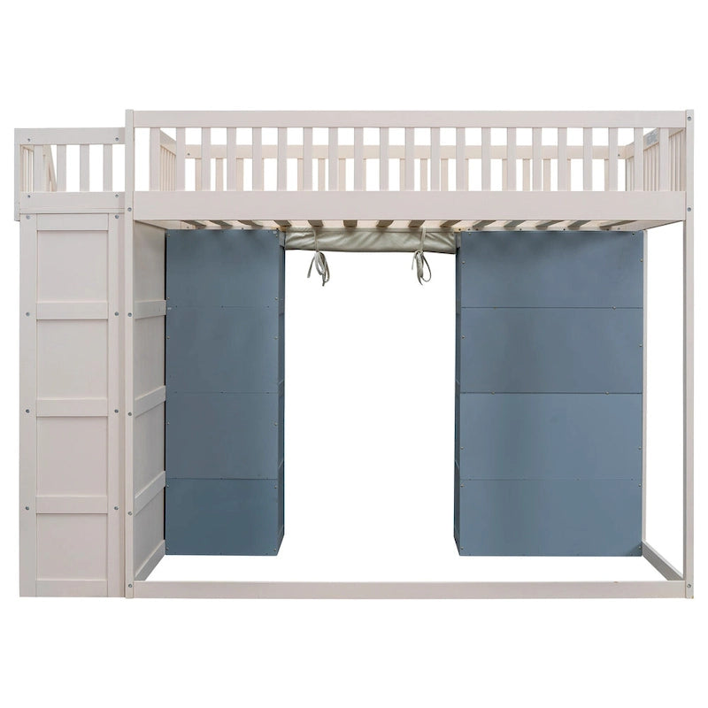 Full Size White Pine Wood Loft Bed with Storage Cabinets Staircase