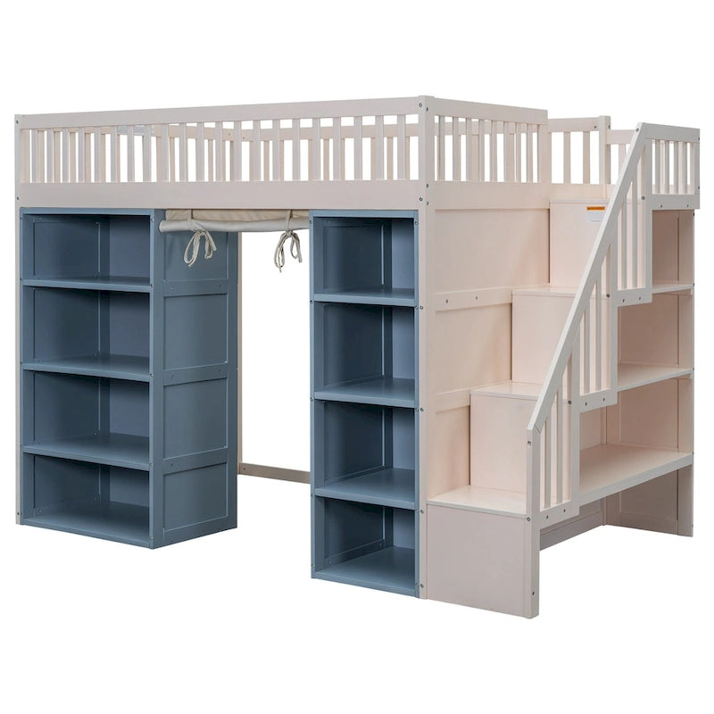 Full Size White Pine Wood Loft Bed with Storage Cabinets Staircase