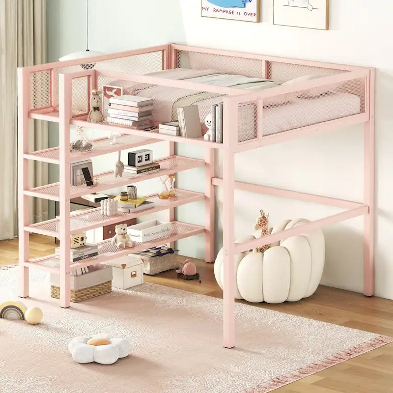 Pink Metal Loft Bed with Storage Shelves and Ladder