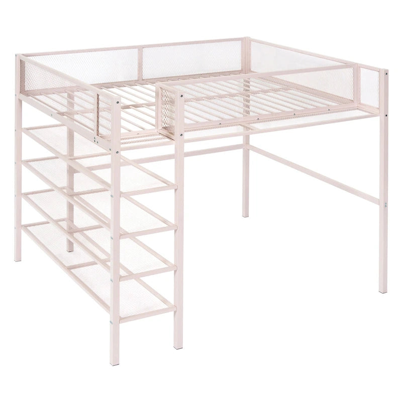 Pink Metal Loft Bed with Storage Shelves and Ladder