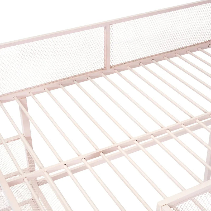 Pink Metal Loft Bed with Storage Shelves and Ladder