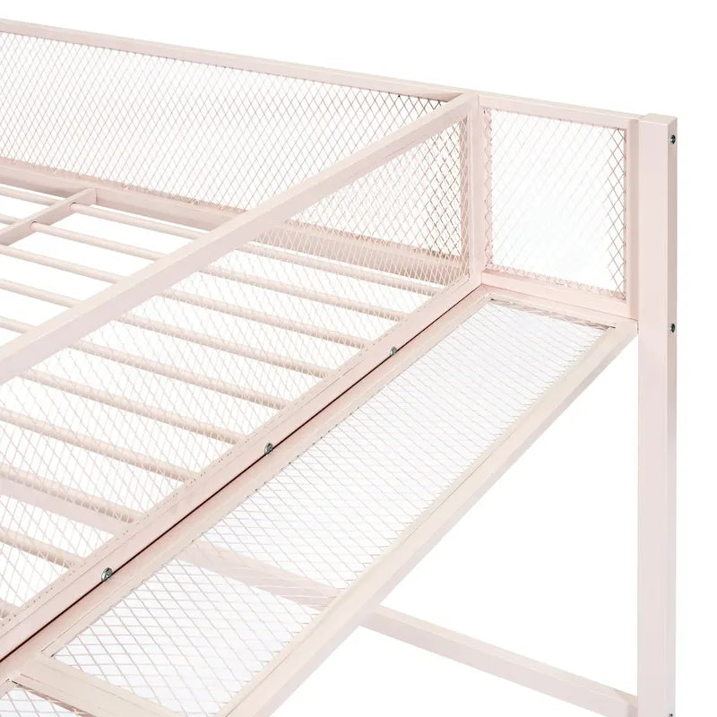 Pink Metal Loft Bed with Storage Shelves and Ladder