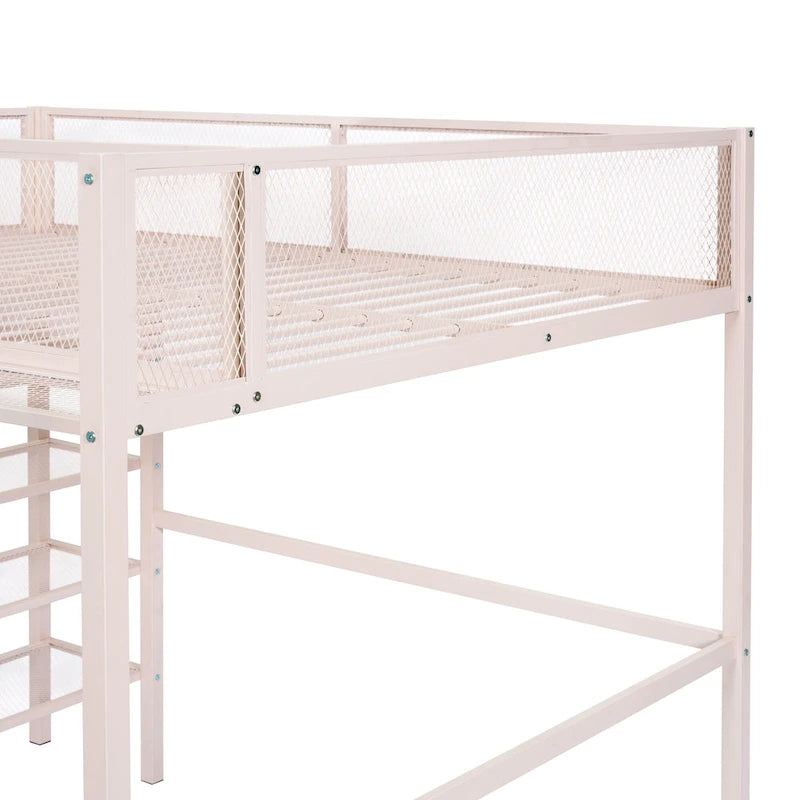 Pink Metal Loft Bed with Storage Shelves and Ladder