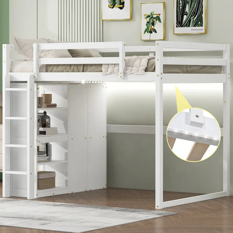 Full Size Pine Wood Loft Bed with Wardrobe Storage Shelves LED Lights White Gray