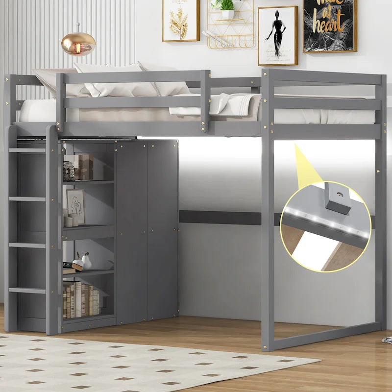Full Size Pine Wood Loft Bed with Wardrobe Storage Shelves LED Lights White Gray
