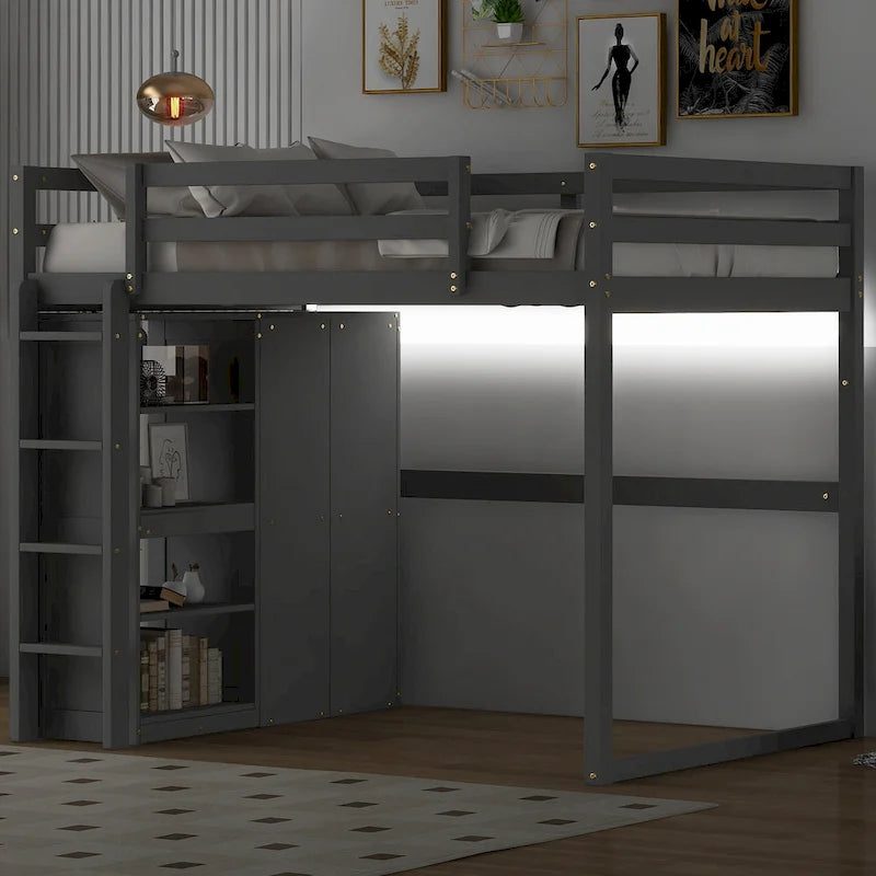 Full Size Pine Wood Loft Bed with Wardrobe Storage Shelves LED Lights White Gray