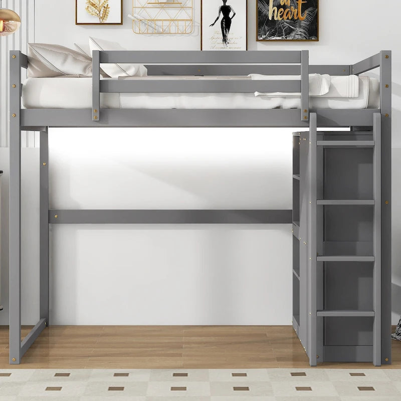 Full Size Pine Wood Loft Bed with Wardrobe Storage Shelves LED Lights White Gray