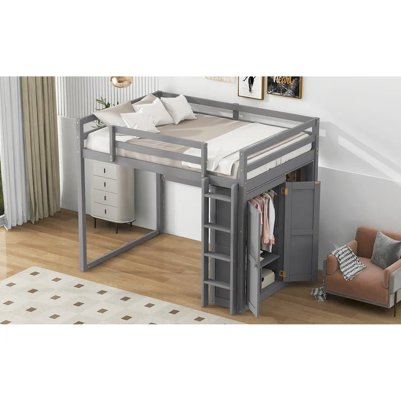 Full Size Pine Wood Loft Bed with Wardrobe Storage Shelves LED Lights White Gray