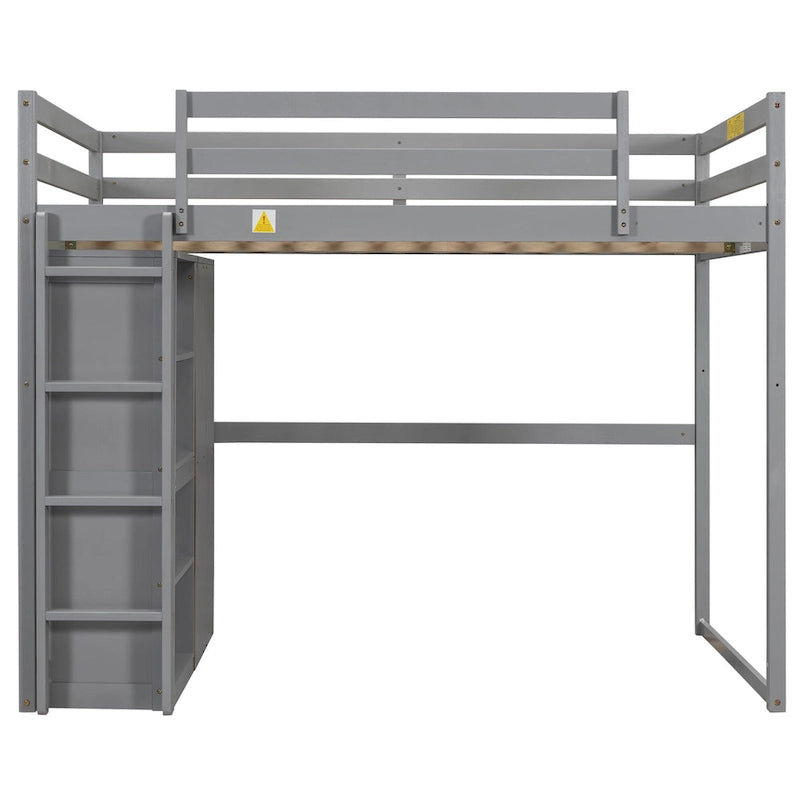 Full Size Pine Wood Loft Bed with Wardrobe Storage Shelves LED Lights White Gray