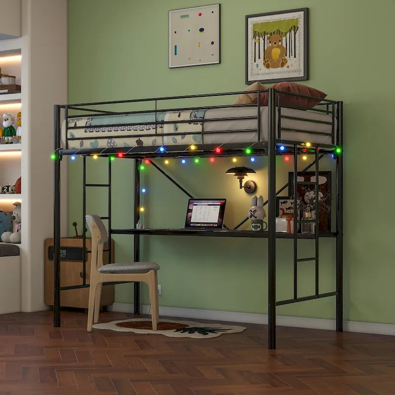 Black Metal Twin Loft Bed Frame with Desk Ladder Safety Guardrails