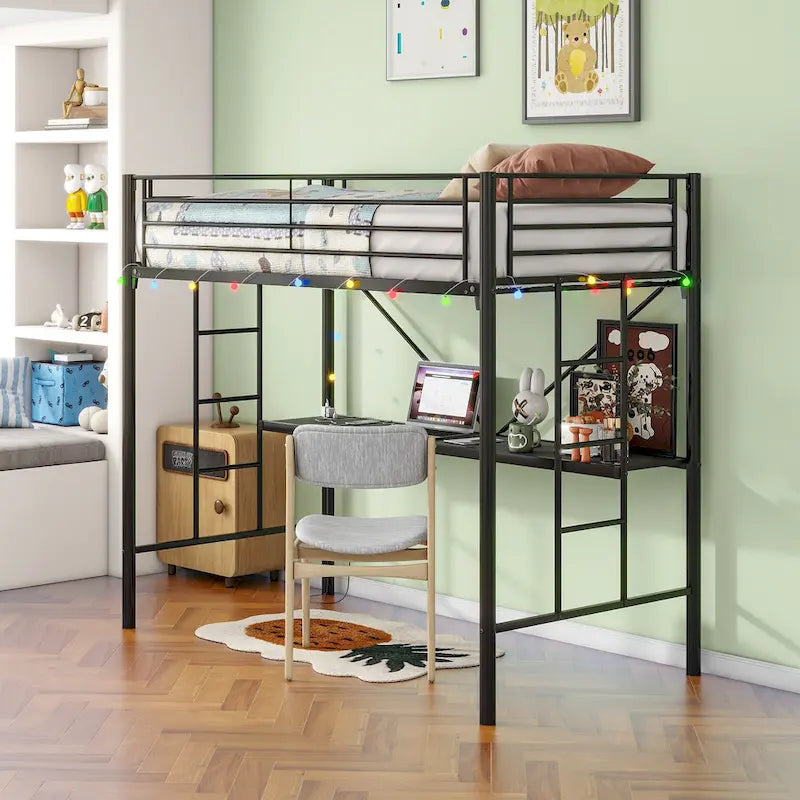 Black Metal Twin Loft Bed Frame with Desk Ladder Safety Guardrails