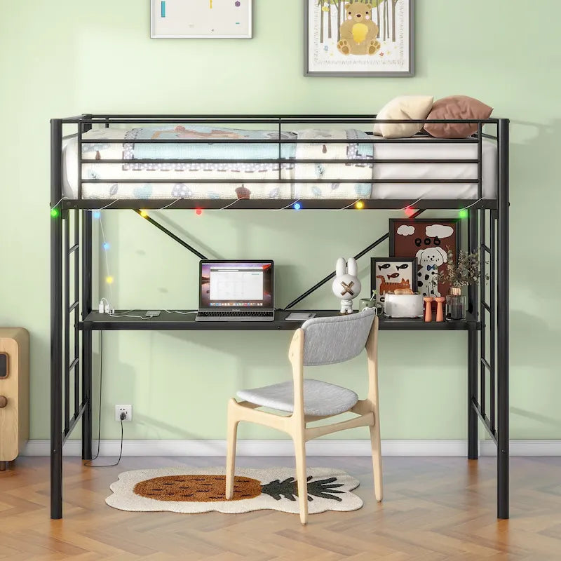 Black Metal Twin Loft Bed Frame with Desk Ladder Safety Guardrails