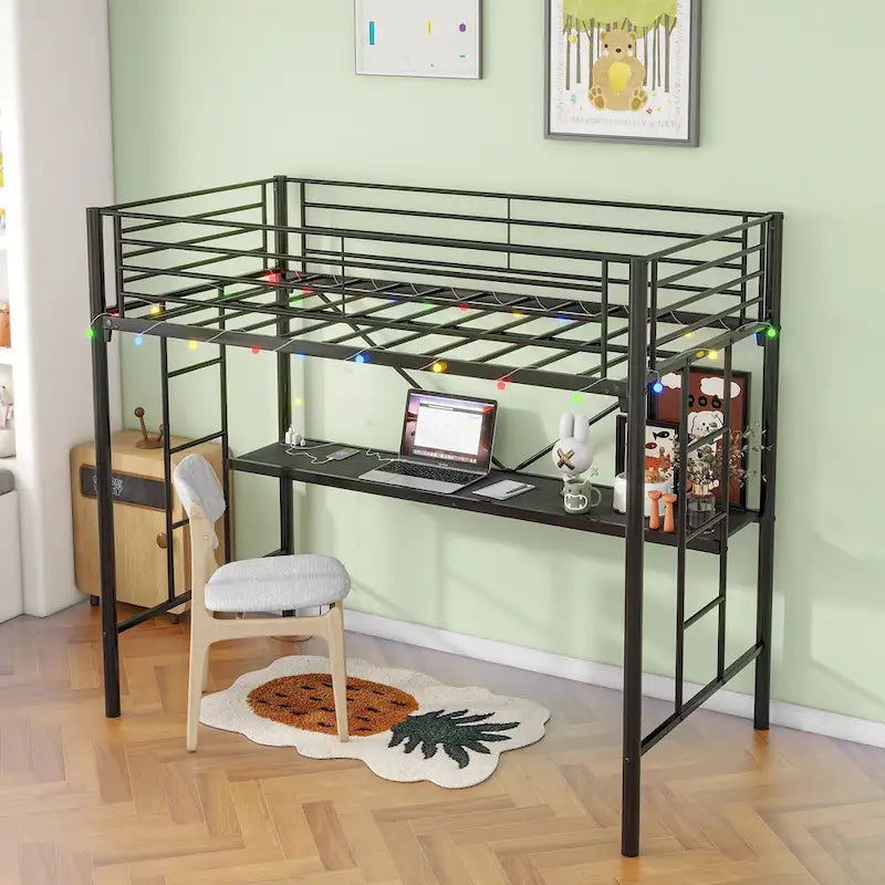 Black Metal Twin Loft Bed Frame with Desk Ladder Safety Guardrails