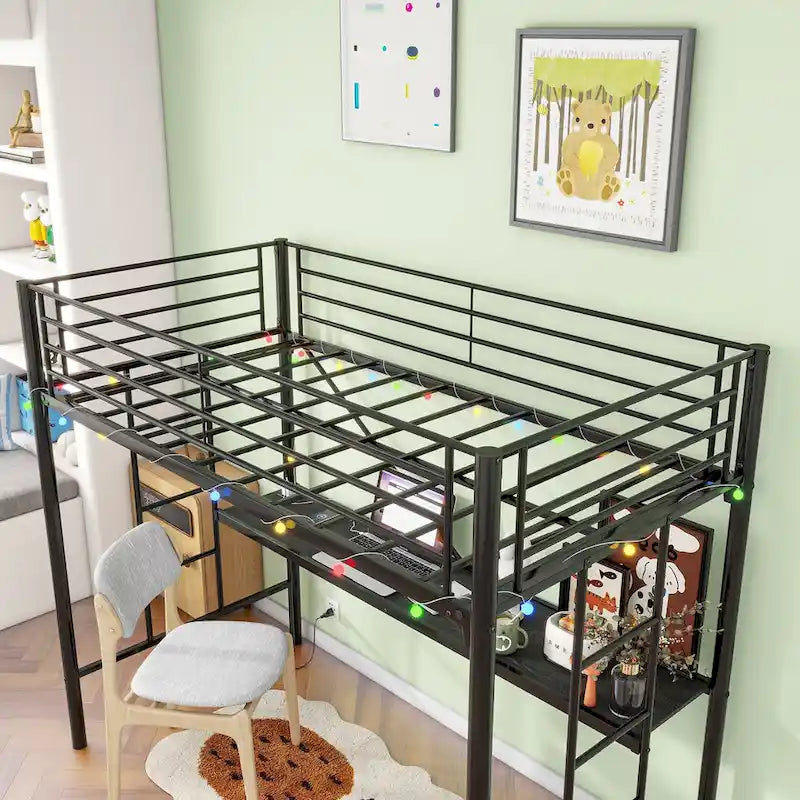 Black Metal Twin Loft Bed Frame with Desk Ladder Safety Guardrails