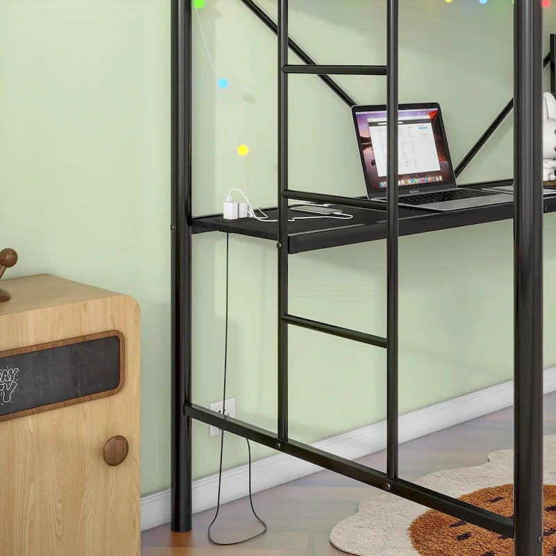 Black Metal Twin Loft Bed Frame with Desk Ladder Safety Guardrails