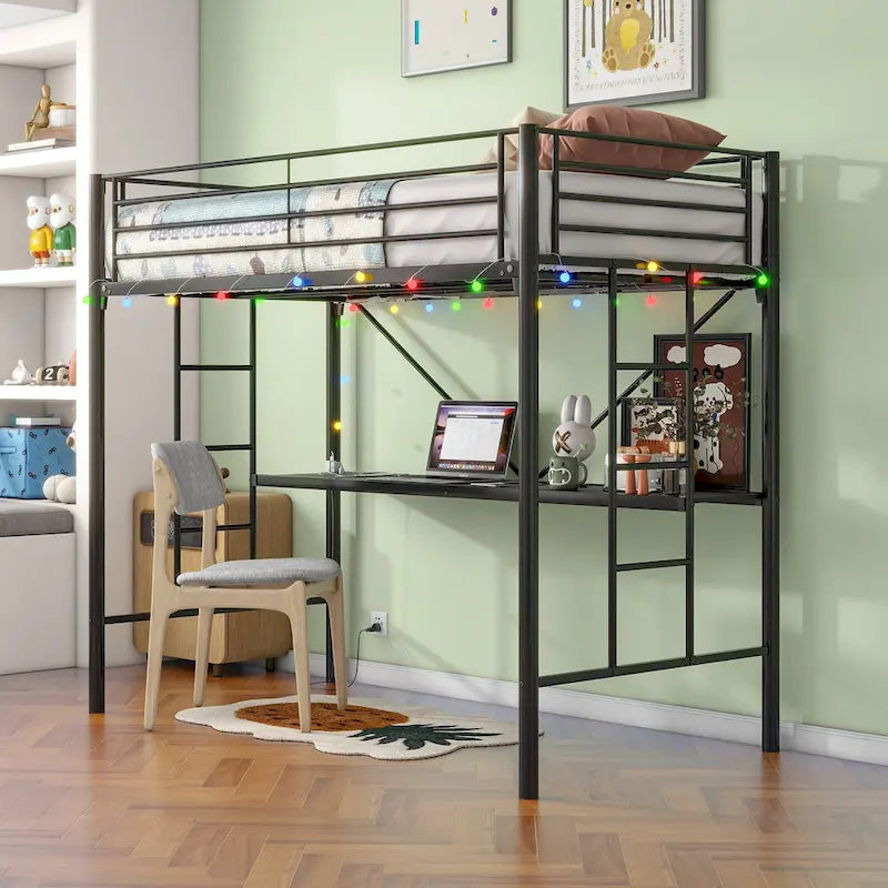 Black Metal Twin Loft Bed Frame with Desk Ladder Safety Guardrails
