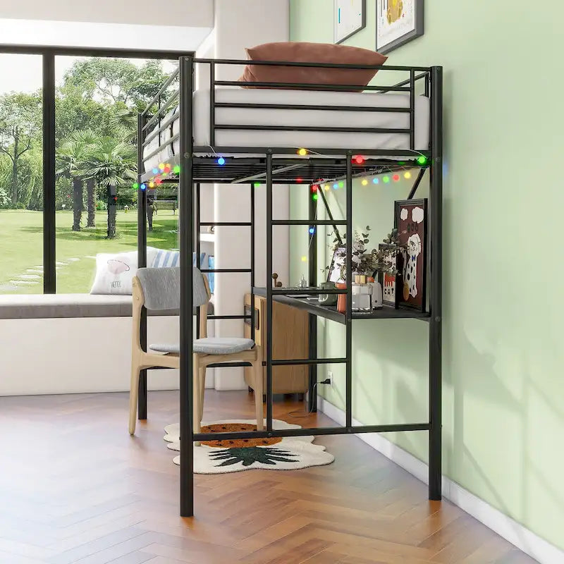 Black Metal Twin Loft Bed Frame with Desk Ladder Safety Guardrails