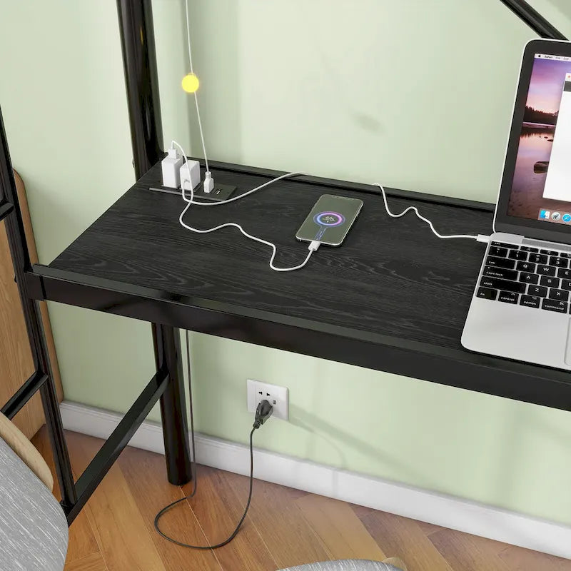 Black Metal Twin Loft Bed Frame with Desk Ladder Safety Guardrails