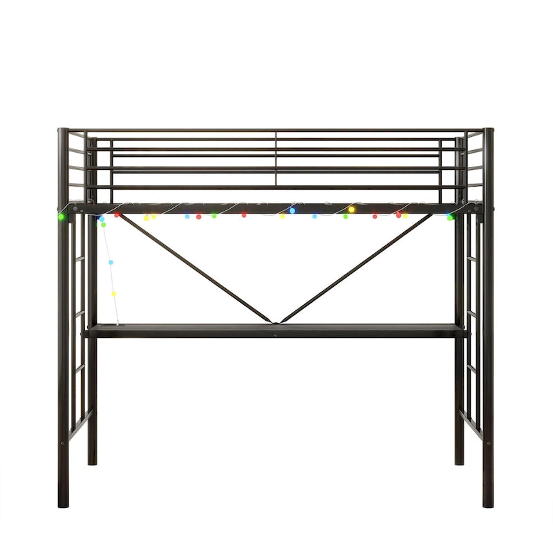 Black Metal Twin Loft Bed Frame with Desk Ladder Safety Guardrails