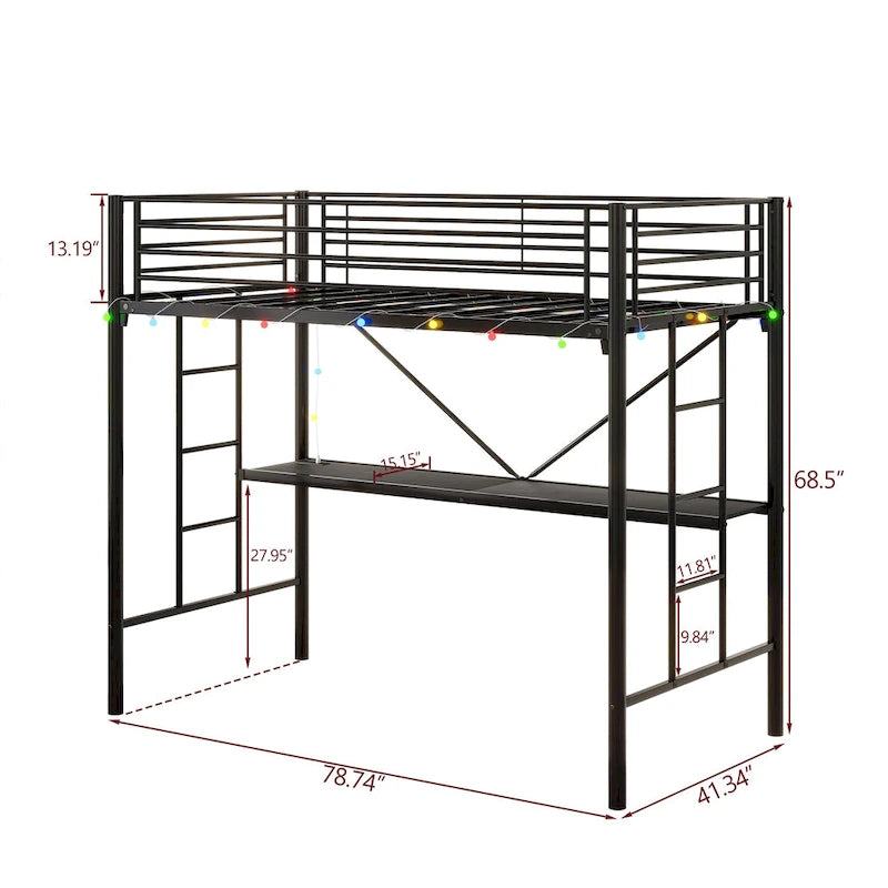 Black Metal Twin Loft Bed Frame with Desk Ladder Safety Guardrails