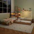 Natural Wood L-Shaped Floor Bed with Trundle Drawers Bookcase LED Lights