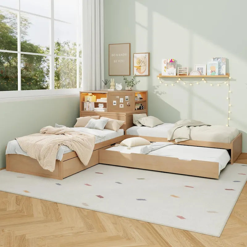 L-shaped Twin Size Floor Bed with Trundle and Drawers, 3-in-1 Corner Low Profile Platform Bed with Bookcase Built-in Downlights