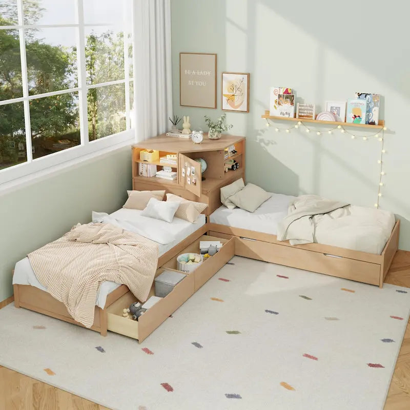 Natural Wood L-Shaped Floor Bed with Trundle Drawers Bookcase LED Lights