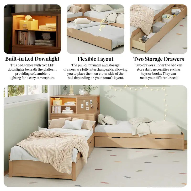 Natural Wood L-Shaped Floor Bed with Trundle Drawers Bookcase LED Lights