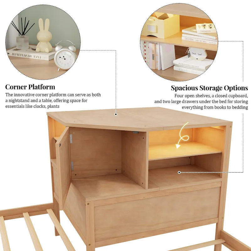 Natural Wood L-Shaped Floor Bed with Trundle Drawers Bookcase LED Lights