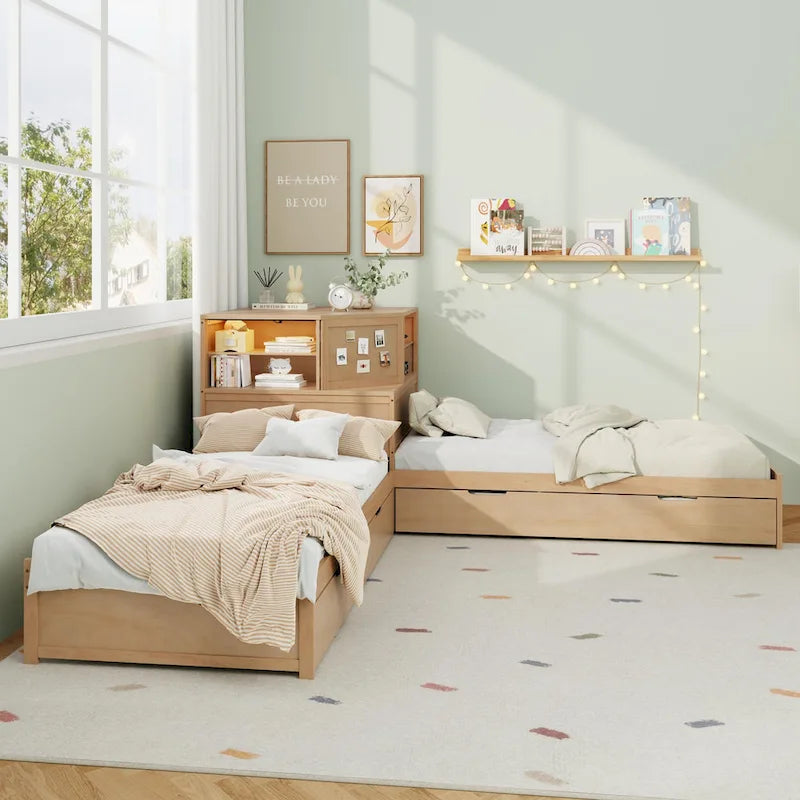 Natural Wood L-Shaped Floor Bed with Trundle Drawers Bookcase LED Lights