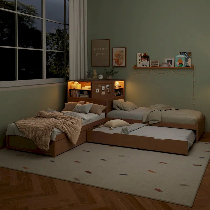 Natural Wood L-Shaped Floor Bed with Trundle Drawers Bookcase LED Lights